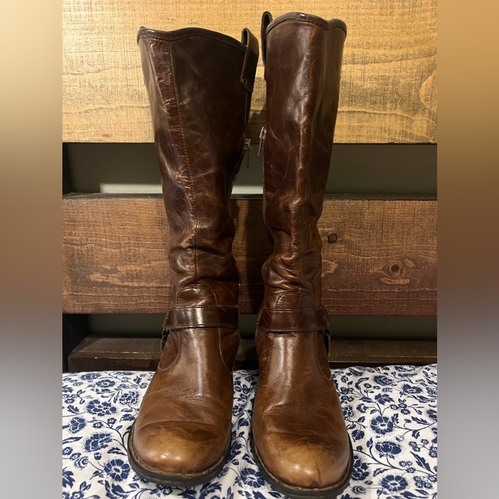 BORN Susanne Brown Leather Harness Tall RidingBoot  Side Zip SZ 9 / w62140